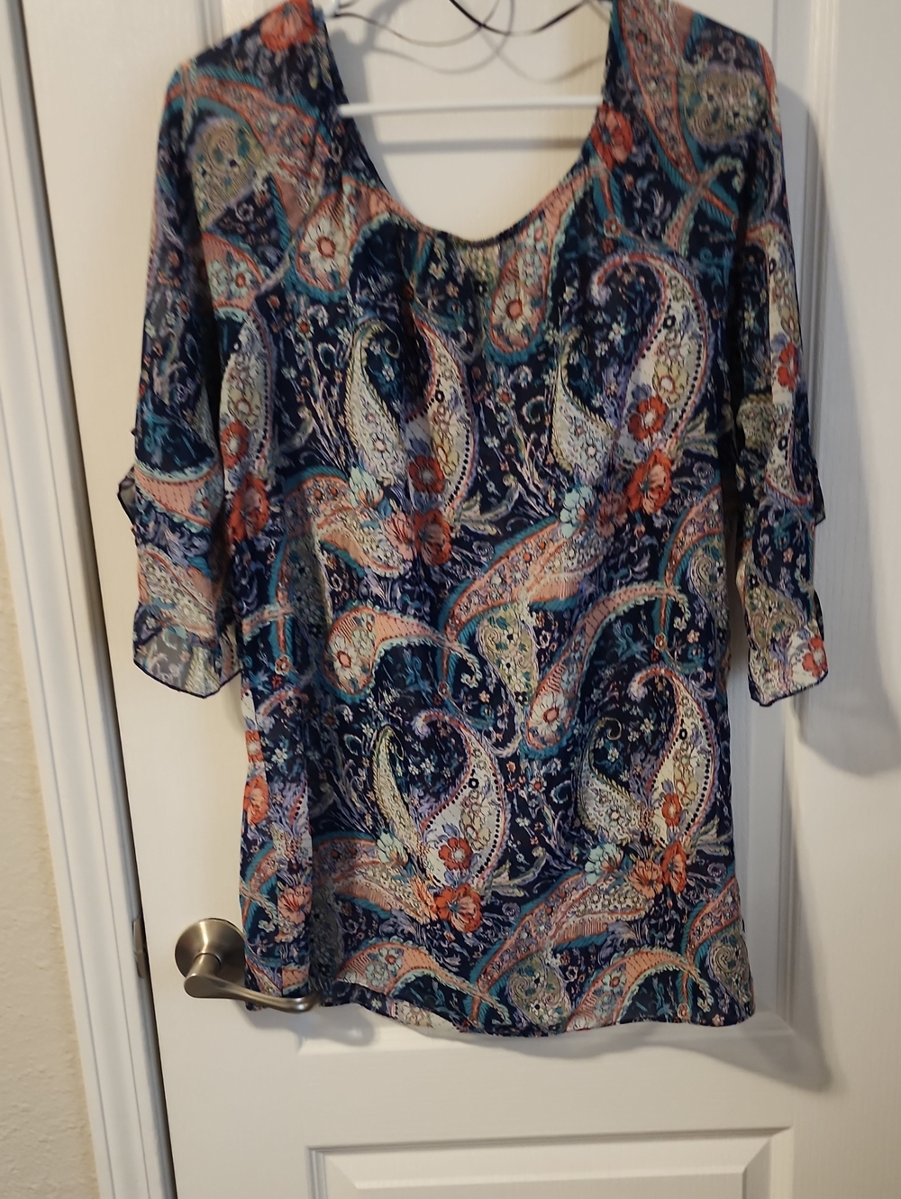 Paisley Scoop-Neck Tunic Top in Navy and Coral